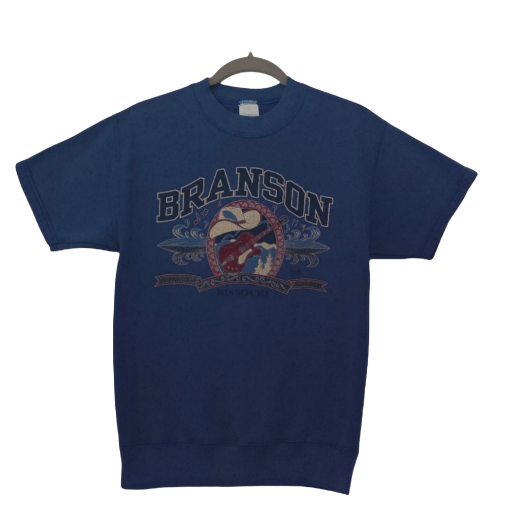 Vintage Y2k Graphic Tee Blue Short Sleeve T-Shirt Guitar Branson 90s